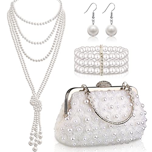 Juinte 4 Pcs 1920s Jewelry Set Include Vintage Pearl Clutch with Chain Faux Pearl Dangle Earring Multi Strands Bracelet and Necklace for Women Girls Wedding Prom Evening Anniversary Party Supplies