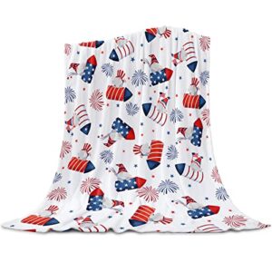 july 4th american flag throw blanket flannel fleece, soft plush cozy baby blankets, blue red fireworks gnome blankets throws warn fuzzy blanket for couch/sofa/chair/travel 40″x50″