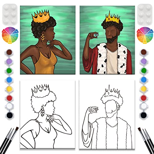 2 Pack Paint and Sip Canvas Painting Kit Pre Drawn Canvas for Painting for adults Stretched Canvas Couples Games Date Night Afro King Queen Paint Party Supplies Favor (8x10)