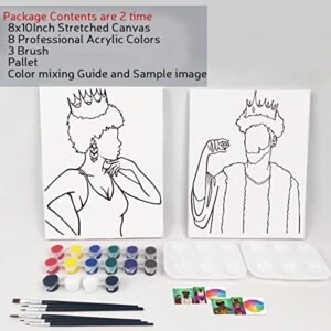 2 Pack Paint and Sip Canvas Painting Kit Pre Drawn Canvas for Painting for adults Stretched Canvas Couples Games Date Night Afro King Queen Paint Party Supplies Favor (8x10)