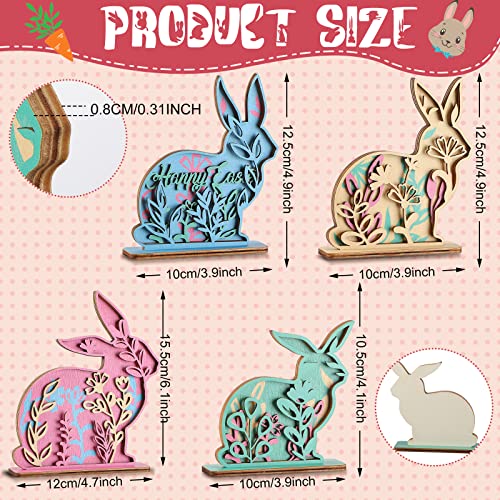 4 Pcs Easter Table Decor Bunny Wooden Signs Spring Rabbit Wood Tabletop Decorations Easter Tiered Tray Decor Bunny Freestanding Centerpiece Reversible Double Printed Bunny Table Decor with Jute Rope