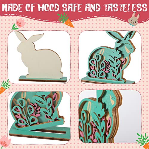 4 Pcs Easter Table Decor Bunny Wooden Signs Spring Rabbit Wood Tabletop Decorations Easter Tiered Tray Decor Bunny Freestanding Centerpiece Reversible Double Printed Bunny Table Decor with Jute Rope