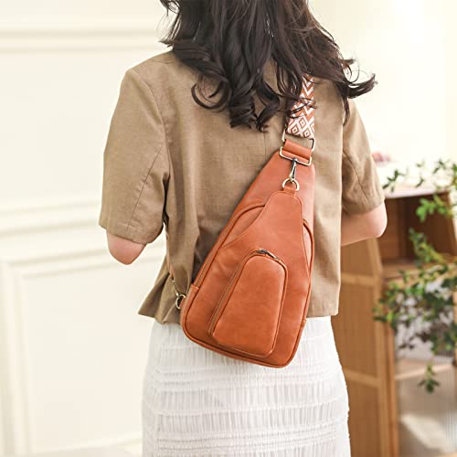 Stylifeo PU Leather Women Sling Bag Boho Sling Backpack Small Crossbody Fashion Chest Bags Satchel Daypack for Cycling Hiking Brown