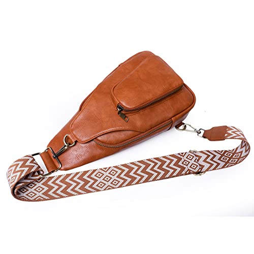 Stylifeo PU Leather Women Sling Bag Boho Sling Backpack Small Crossbody Fashion Chest Bags Satchel Daypack for Cycling Hiking Brown