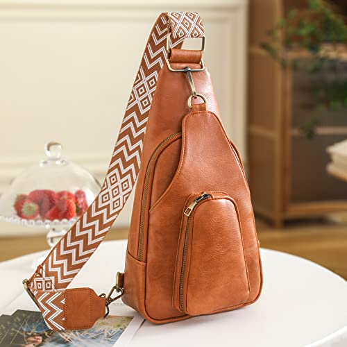 Stylifeo PU Leather Women Sling Bag Boho Sling Backpack Small Crossbody Fashion Chest Bags Satchel Daypack for Cycling Hiking Brown