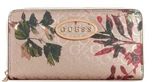 guess factory women’s aubrianna logo embossed floral print zip around wallet clutch bag – rose dust
