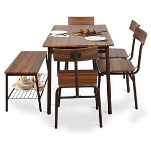 JOMEED 6 Piece Industrial Style Stainless Metal Frame Kitchen Dining Room Table, Chairs, & Bench Furniture Set with Storage, Brown