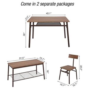 JOMEED 6 Piece Industrial Style Stainless Metal Frame Kitchen Dining Room Table, Chairs, & Bench Furniture Set with Storage, Brown