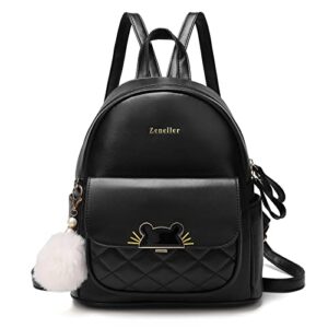 zeneller mini backpack for girls cute small backpack purse leather backpack purse lightweight satchel bags with pom (black)