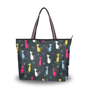 zenwawa colorful cat silhouette tote bag aesthetic, zipper large capacity women grocery bag purse shoulder bag 2 sizes
