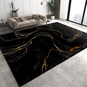 black and gold marble lines kids rug, abstract luxury indoor non-slip area rugs, machine washable breathable durable carpet for front porch entryway decor doormats 5′ by 7′