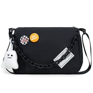 dob sechs crossbody purse bag for teen girls women small shoulder hobo bag messenger bag with kawaii pins and pendent (black – l)