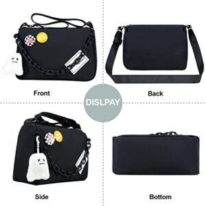 DOB SECHS Crossbody Purse Bag for Teen Girls Women Small Shoulder Hobo Bag Messenger Bag with Kawaii Pins and Pendent (Black - L)