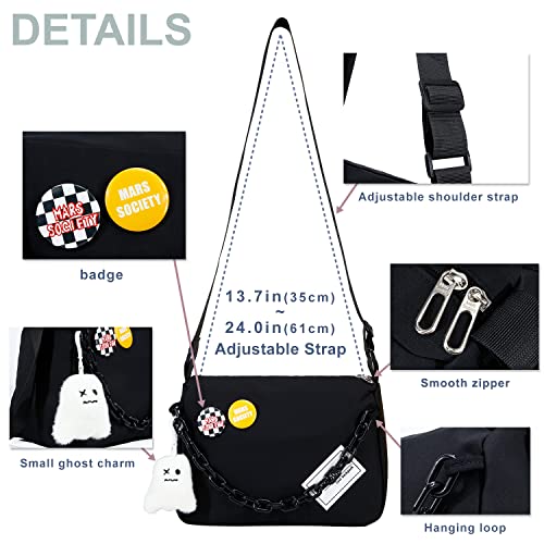 DOB SECHS Crossbody Purse Bag for Teen Girls Women Small Shoulder Hobo Bag Messenger Bag with Kawaii Pins and Pendent (Black - L)