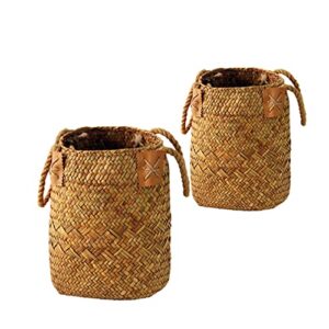 2pcs seagrass woven basket straw belly storage flower plant pot vase organizer with handles for laundry picnic grocery
