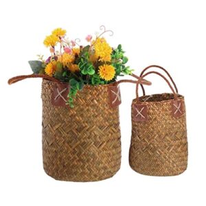 2PCS Seagrass Woven Basket Straw Belly Storage Flower Plant Pot Vase Organizer with Handles for Laundry Picnic Grocery