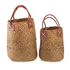 2PCS Seagrass Woven Basket Straw Belly Storage Flower Plant Pot Vase Organizer with Handles for Laundry Picnic Grocery