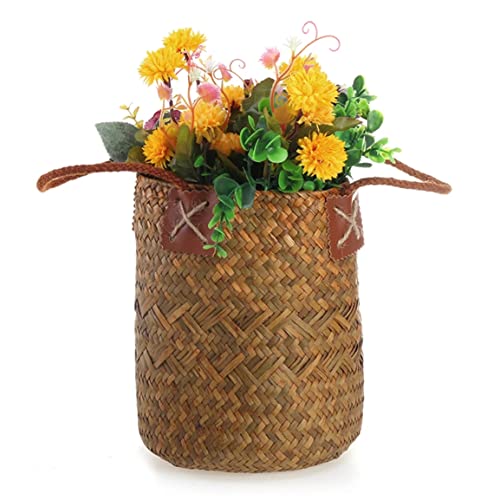2PCS Seagrass Woven Basket Straw Belly Storage Flower Plant Pot Vase Organizer with Handles for Laundry Picnic Grocery