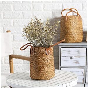 2PCS Seagrass Woven Basket Straw Belly Storage Flower Plant Pot Vase Organizer with Handles for Laundry Picnic Grocery