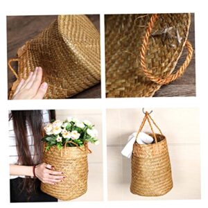 2PCS Seagrass Woven Basket Straw Belly Storage Flower Plant Pot Vase Organizer with Handles for Laundry Picnic Grocery