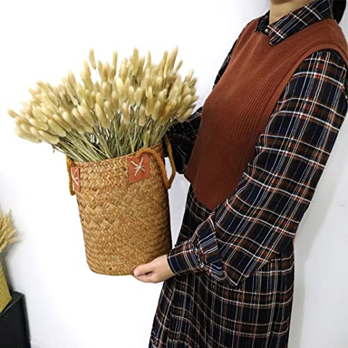 2PCS Seagrass Woven Basket Straw Belly Storage Flower Plant Pot Vase Organizer with Handles for Laundry Picnic Grocery