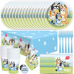 unique bluey birthday party supplies | bluey party supplies | bluey birthday decorations | bluey party decorations | with bluey tablecover, bluey plates, bluey cups, bluey napkins, forks, button