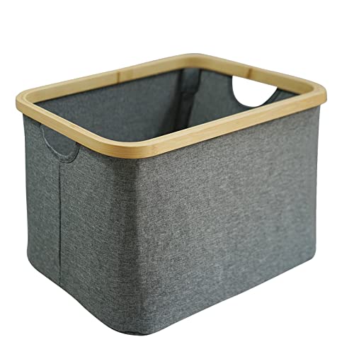 Foldable Storage Bins, Cube Storage Basket, Natural Bamboo Handle, Eco-friendly and Sturdy for Wardrobe, Bedroom, Living Room, Suitable for Storing Clothes, Blankets, Toys (17.7''*11.8''*9.6'')