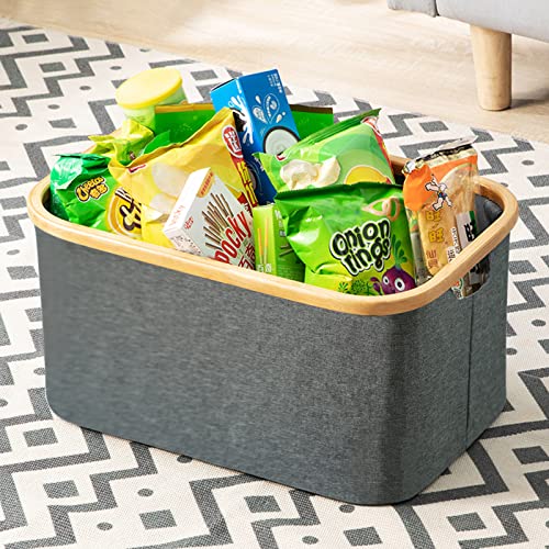 Foldable Storage Bins, Cube Storage Basket, Natural Bamboo Handle, Eco-friendly and Sturdy for Wardrobe, Bedroom, Living Room, Suitable for Storing Clothes, Blankets, Toys (17.7''*11.8''*9.6'')