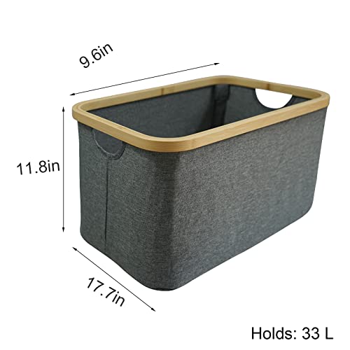 Foldable Storage Bins, Cube Storage Basket, Natural Bamboo Handle, Eco-friendly and Sturdy for Wardrobe, Bedroom, Living Room, Suitable for Storing Clothes, Blankets, Toys (17.7''*11.8''*9.6'')