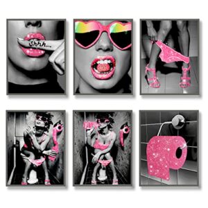 luodroduo fashion wall art bathroom decor prints set of 6 pink glam glitter tissue canvas posters pictures photos funny modern women bathroom toilet artwork wall black and white (8″x10″ unframed)