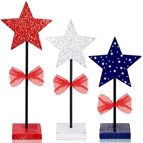 3 Pieces 4th of July Tiered Tray Decor Wood Memorial Day Decorations Wooden Firework Patriotic Rustic Centerpieces Farmhouse Independence Day Wooden Table Decoration for Home Tables (Fresh Style)