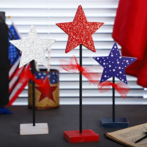 3 Pieces 4th of July Tiered Tray Decor Wood Memorial Day Decorations Wooden Firework Patriotic Rustic Centerpieces Farmhouse Independence Day Wooden Table Decoration for Home Tables (Fresh Style)