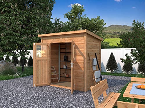 Leisure Season Urbano Lean to Shed Kit - Modern Weatherproof Outdoor Storage Shed with Floor, Doors, Plexiglass Windows, Pent Roof - Nordic Spruce Wood Shed Kit - Medium Brown, 8'x4' (URB8X47853)