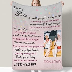 D-Story Personalized Photo Blanket for Sister Bestie: Custom Throw Blanket Bestie Friendship for Birthday Gifts, Best Friend Ever Purple Name BFF Blanket-Made in USA