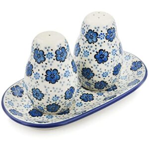 polish pottery salt and pepper 3-piece set made by ceramika artystyczna (flowing blues theme) + certificate of authenticity