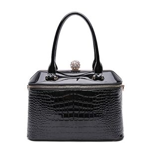 style strategy black patent leather purses for women crocodile textured shoulder handbag with kiss lock satchel crossbody for women