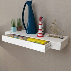 loibinfen 1pcs mdf floating wall display shelf with storage drawer wall mounted book dvd storage shelf for living room home office 31.5″x9.8″x3.15″, white