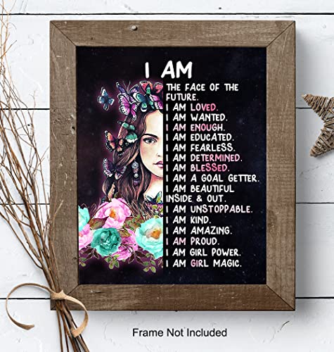 Teen Girls Bedroom Wall Art - Positive Quotes - I Am Tween Little Girls Bedroom Decor - Cute Daughter Gifts - Inspirational Sayings for Wall Decor - Positive Affirmations Wall Decor Poster 8X10