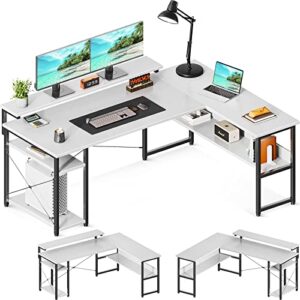 odk l shaped computer desk, 61″ reversible l shaped desk, corner computer desk with storage shelves & monitor stand, home office desk, gaming desk, corner desk, writing desk, white