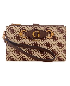 guess izzy double zip organizer wallet, brown logo