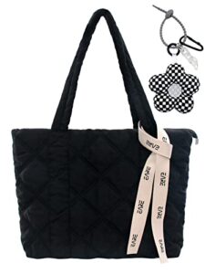isamzan puffer quilted tote bag for women puffy padded purse with zipper work school nylon soft purse-black