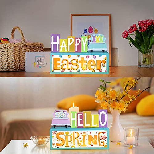 Reversible Hello Spring/Happy Easter Decorations Wooden Block Sign with Led Lights- Double Sign Spring Easter Farmhouse Home Battery Operated Light up Wooden Sign for Table Mantle Tabletop Centerpiece