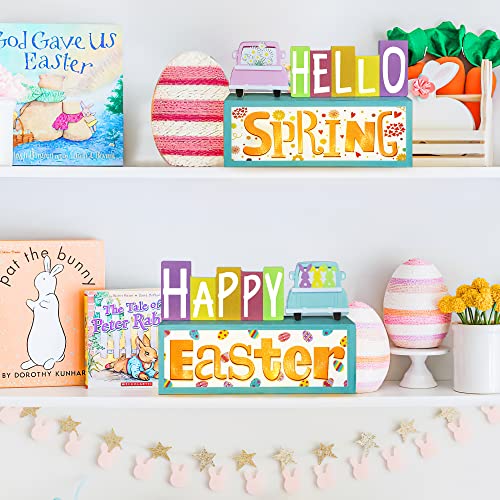 Reversible Hello Spring/Happy Easter Decorations Wooden Block Sign with Led Lights- Double Sign Spring Easter Farmhouse Home Battery Operated Light up Wooden Sign for Table Mantle Tabletop Centerpiece