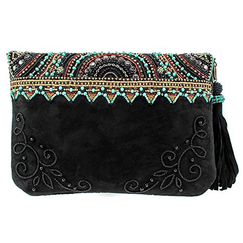 Mary Frances Turquoise Journey Crossbody Suede Leather Handbag, Black