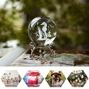 HDCRYSTALGIFTS 60mm(2.4inch) 3D Crystal Decorative Balls 3D Laser Engraved Crystal Seahorse Paperweight Full Sphere Glass Feng Shui Figurine with Silver-Plated Flowering Stand