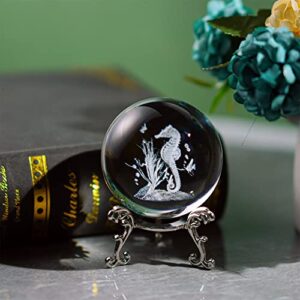 HDCRYSTALGIFTS 60mm(2.4inch) 3D Crystal Decorative Balls 3D Laser Engraved Crystal Seahorse Paperweight Full Sphere Glass Feng Shui Figurine with Silver-Plated Flowering Stand