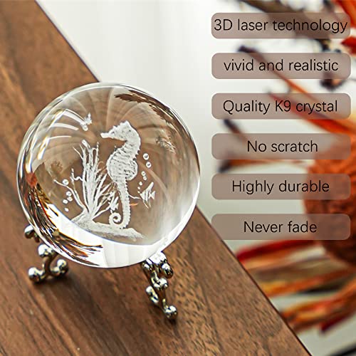 HDCRYSTALGIFTS 60mm(2.4inch) 3D Crystal Decorative Balls 3D Laser Engraved Crystal Seahorse Paperweight Full Sphere Glass Feng Shui Figurine with Silver-Plated Flowering Stand