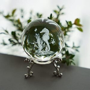 HDCRYSTALGIFTS 60mm(2.4inch) 3D Crystal Decorative Balls 3D Laser Engraved Crystal Seahorse Paperweight Full Sphere Glass Feng Shui Figurine with Silver-Plated Flowering Stand