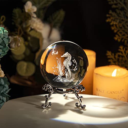 HDCRYSTALGIFTS 60mm(2.4inch) 3D Crystal Decorative Balls 3D Laser Engraved Crystal Seahorse Paperweight Full Sphere Glass Feng Shui Figurine with Silver-Plated Flowering Stand