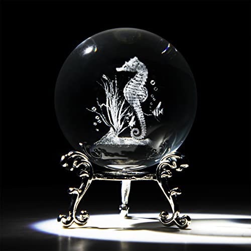 HDCRYSTALGIFTS 60mm(2.4inch) 3D Crystal Decorative Balls 3D Laser Engraved Crystal Seahorse Paperweight Full Sphere Glass Feng Shui Figurine with Silver-Plated Flowering Stand